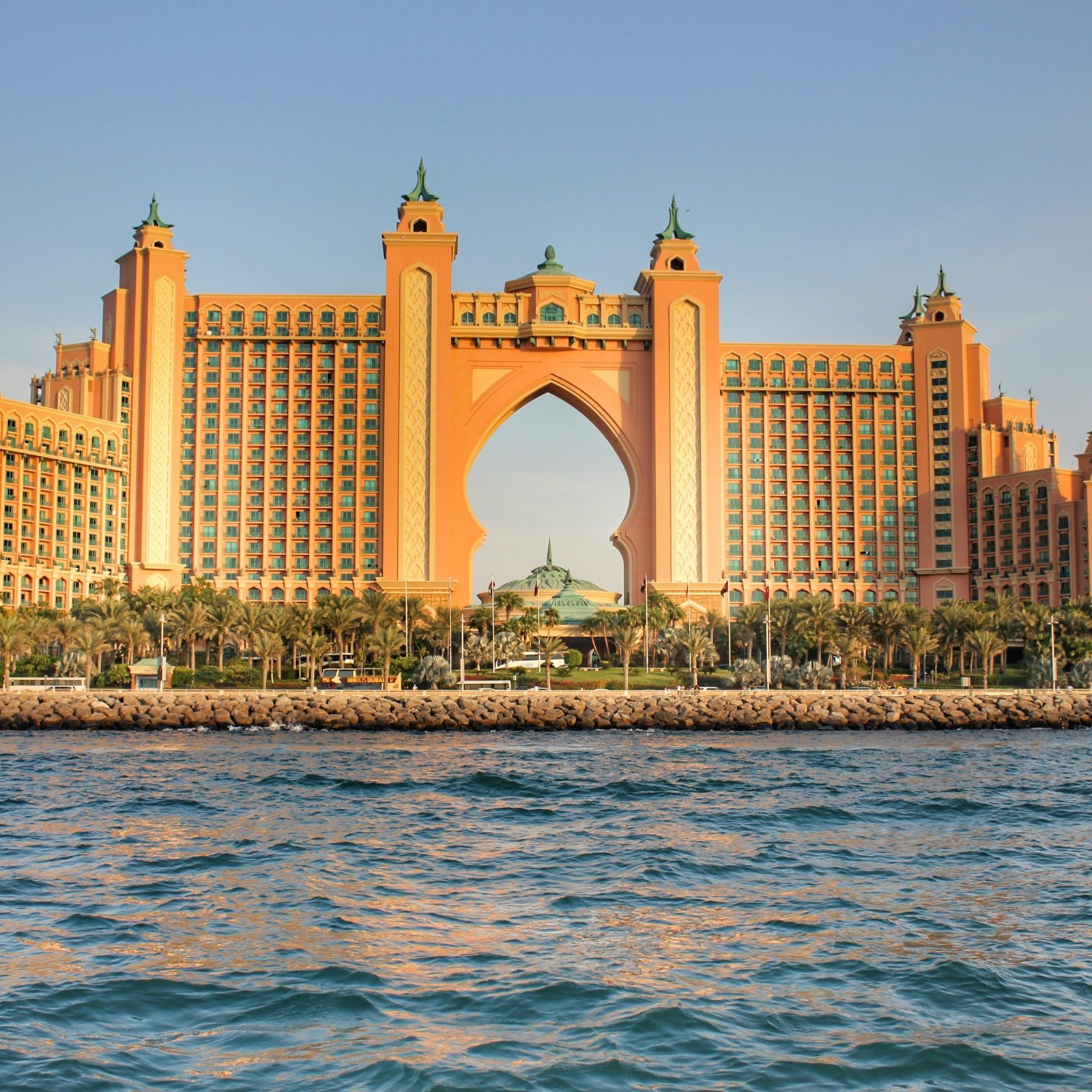 View of the Atlantis, The Palm hotel and resort on the Palm Jumeirah in Dubai from the Arabian Gulf.